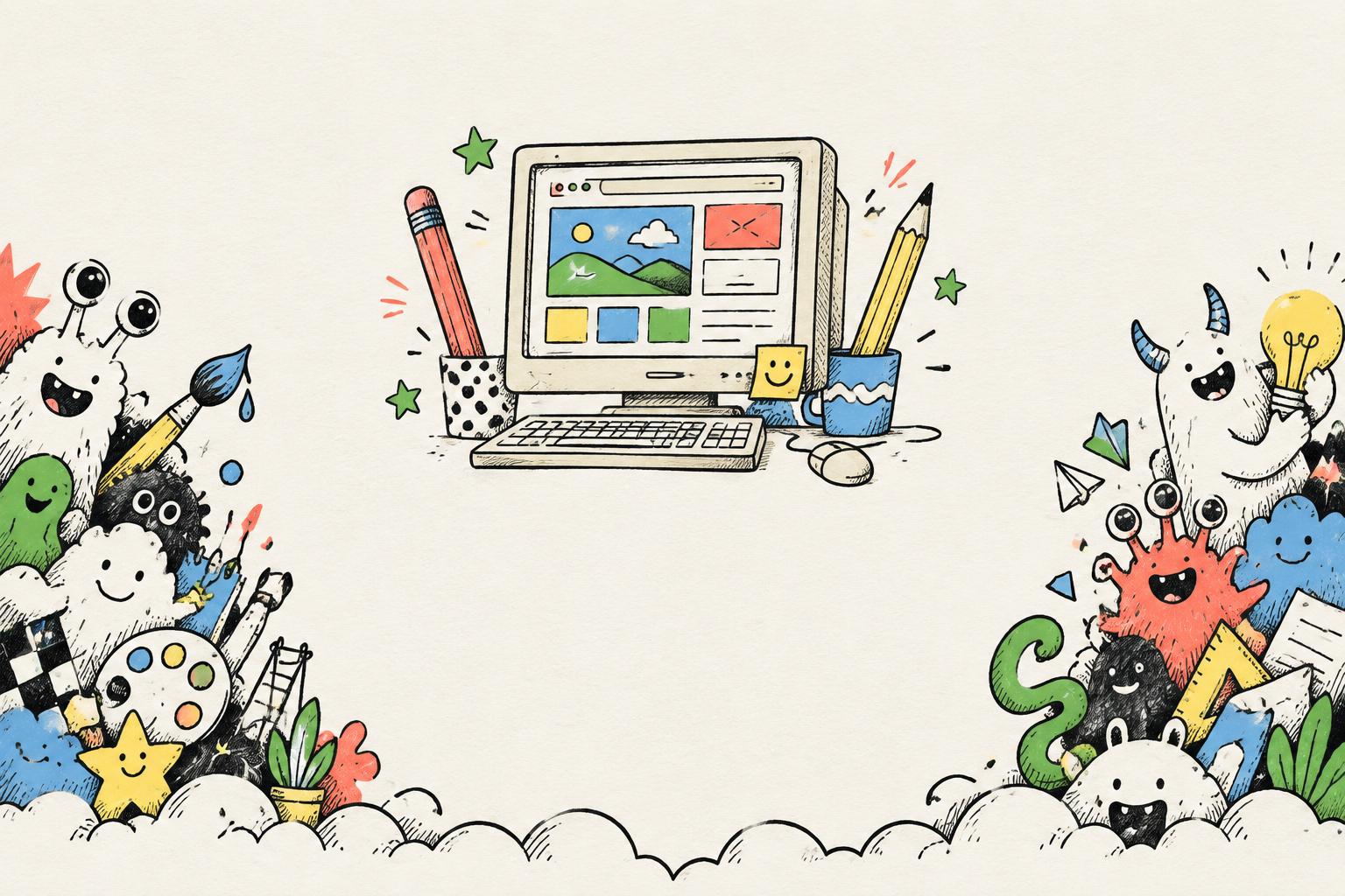 Hand-drawn computer and creative illustrations